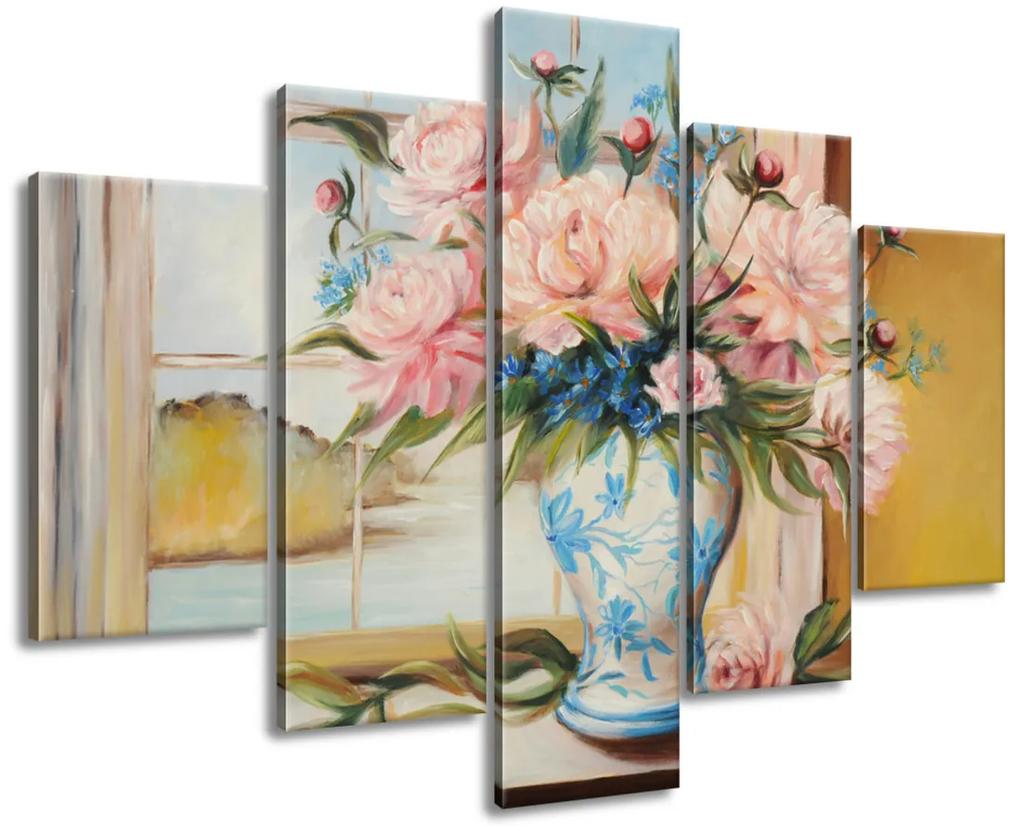 Gario Ručne maľovaný obraz Farebné kvety vo váze - 5 dielny Rozmery: 100 x 70 cm