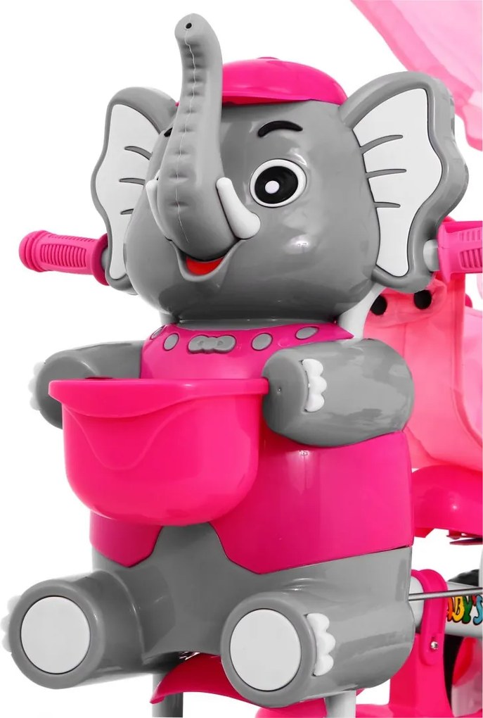Ramiz Detský trojkolesový bicykel Elephant Ružová + zvuky + strieška + zábrana + opierka na nohy + rukoväť + úložný priestor