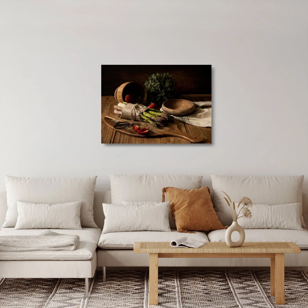 Sklenený obraz špargle na stole (70x50 cm)