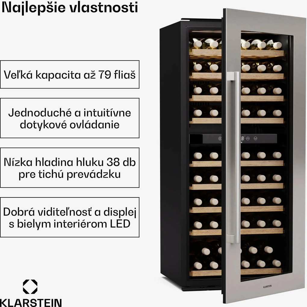 Klarstein Vinsider Duo chladnička na víno, 79 fliaš, 2 chladiace zóny, UV ochrana, 9 políc, Dotykové ovládanie