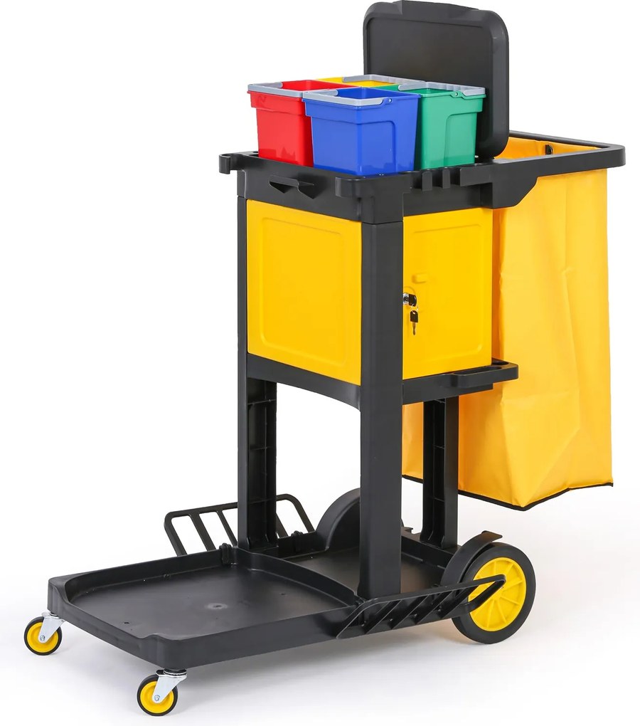Profesionálny upratovací vozík so 4 vedrami, držiakmi mopov, skrinkou a vrecom s vekom, 1120 × 710 × 1100 mm