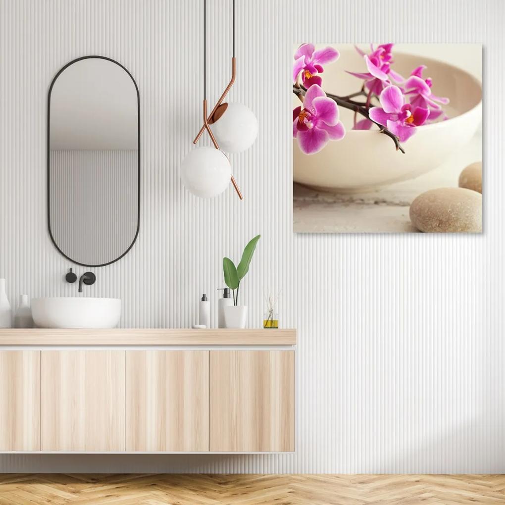 Obraz na plátně, Růžové orchideje v misce - 60x60 cm