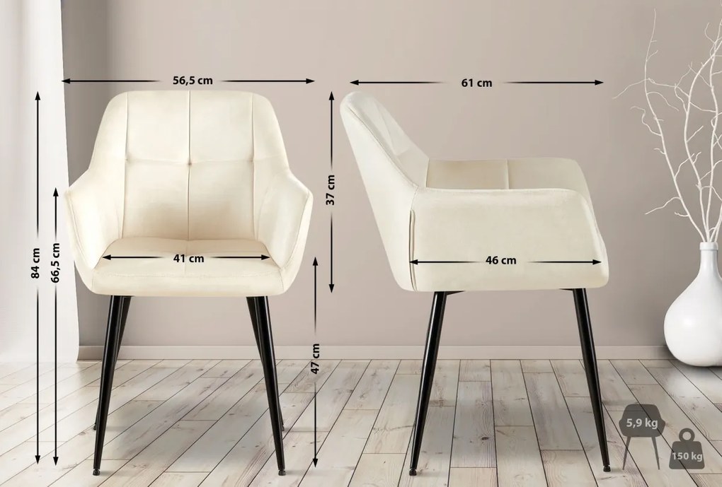 Jedálenská stolička Emia (SET 2 ks) - zamat, kovové nohy čierne - Krémová