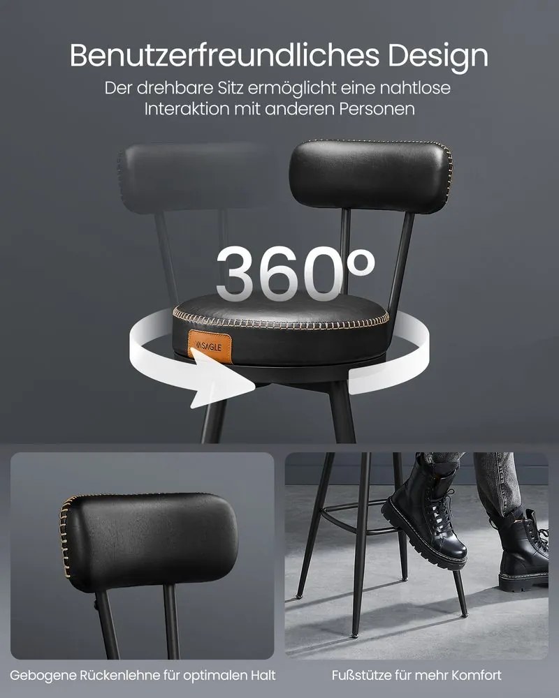 VASAGLE EKHO – Sada 2 barových stoličiek z umelej kože, otočné, LBC089 Farba: čierna