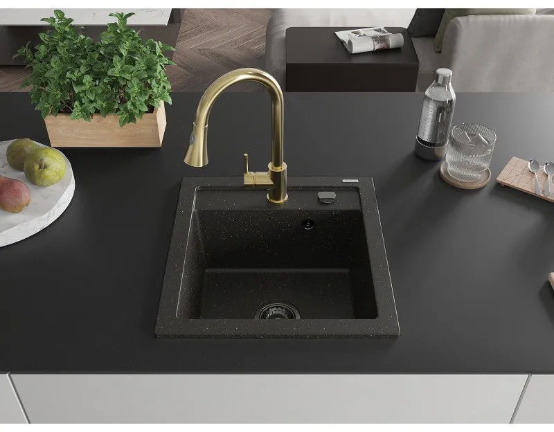 Mexen Vito, 1-komorový granitový drez 490x520x210 mm a drezová batéria Elia, čierna-zlatá metalíza, 6503-75-670101-50-B