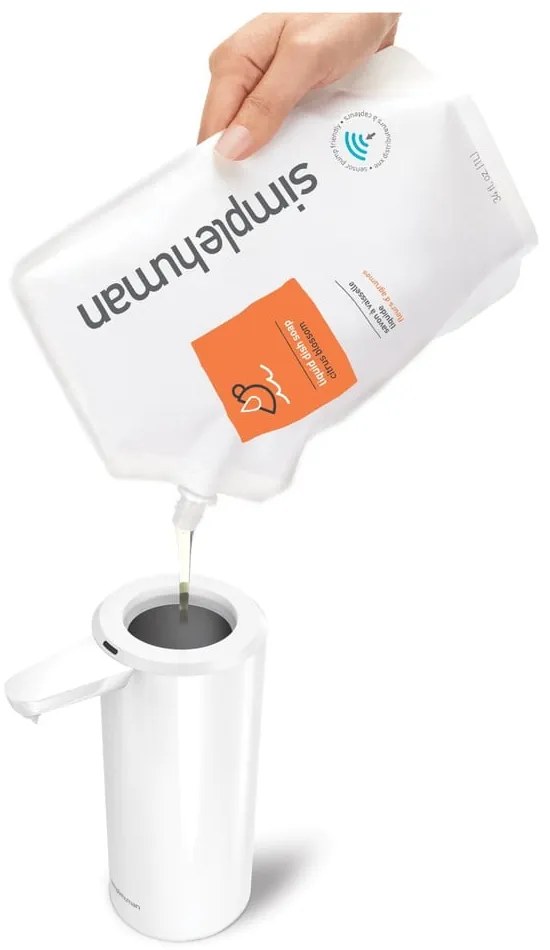 Biely bezdotykový kovový dávkovač mydla 414 ml – simplehuman