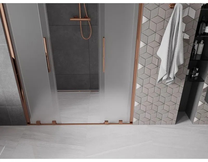 Mexen Velar Duo, posuvné sprchové dvere do otvoru 150 cm, 8mm sklo námraza, ružové zlato, 871-150-000-32-60