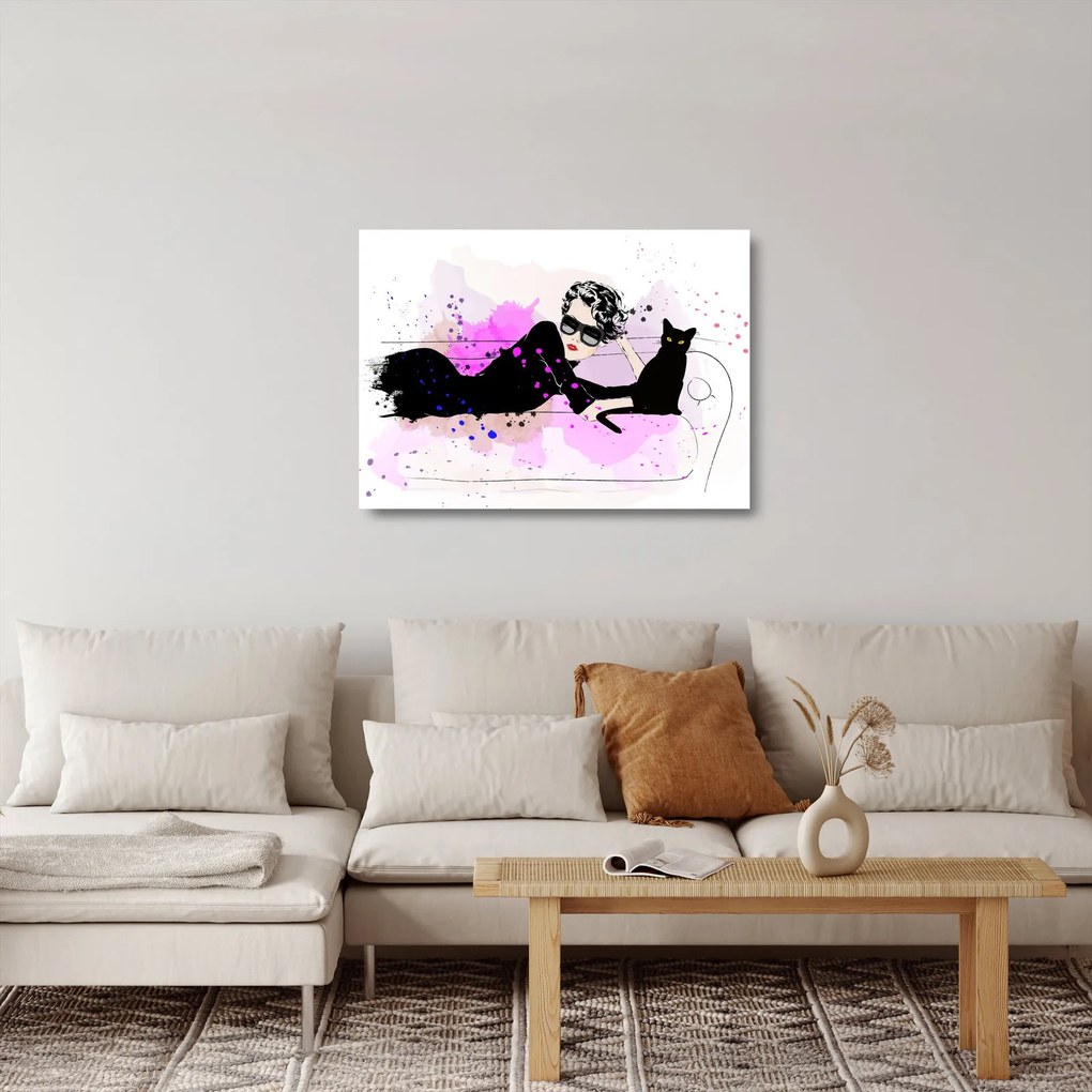 Sklenený obraz - Žena s čiernou mačkou (70x50 cm)