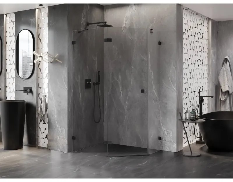 Mexen Lunar, Päťuholníkový sprchový kút Mexen Lunar naklápací doľava 100 x 80 cm, 8mm číre sklo, čierny profil, 831-100L-080P-70-00-L