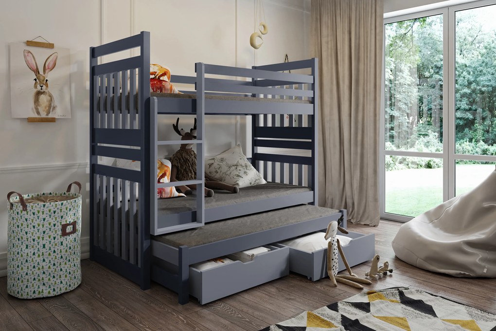 Detská poschodová posteľ z masívu borovice SAMBOR s prístelkou a zásuvkami - 200x90 cm - grafit/sivá