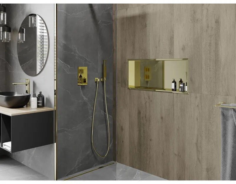 Mexen X-Wall-R, polička na zapustenie na obklad s golierom 75 x 30 cm, zlatá lesklá 1950753010