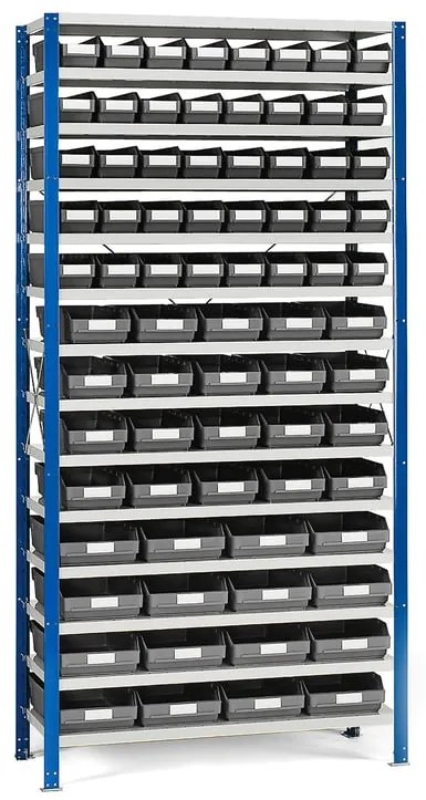 Regál MIX s 76 šedými plastovými boxami REACH, 2100x1000x300 mm