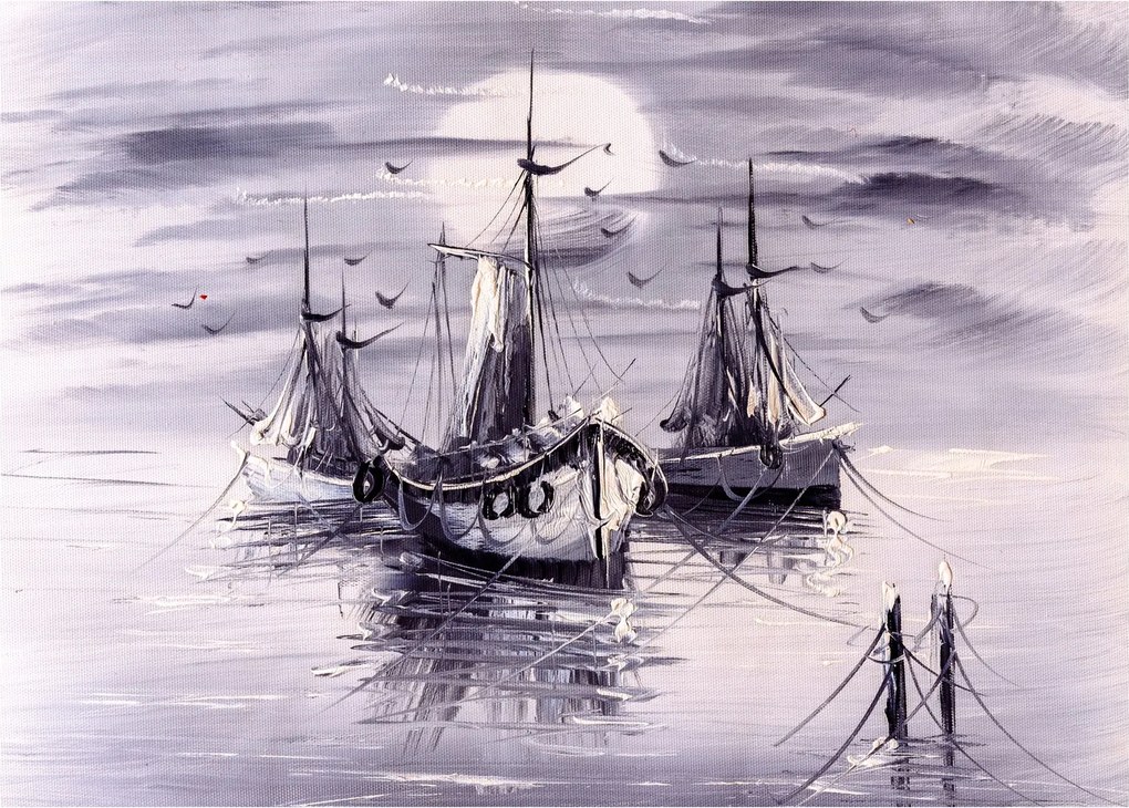 Sklenený obraz - Prístav, olejomaľba (70x50 cm)