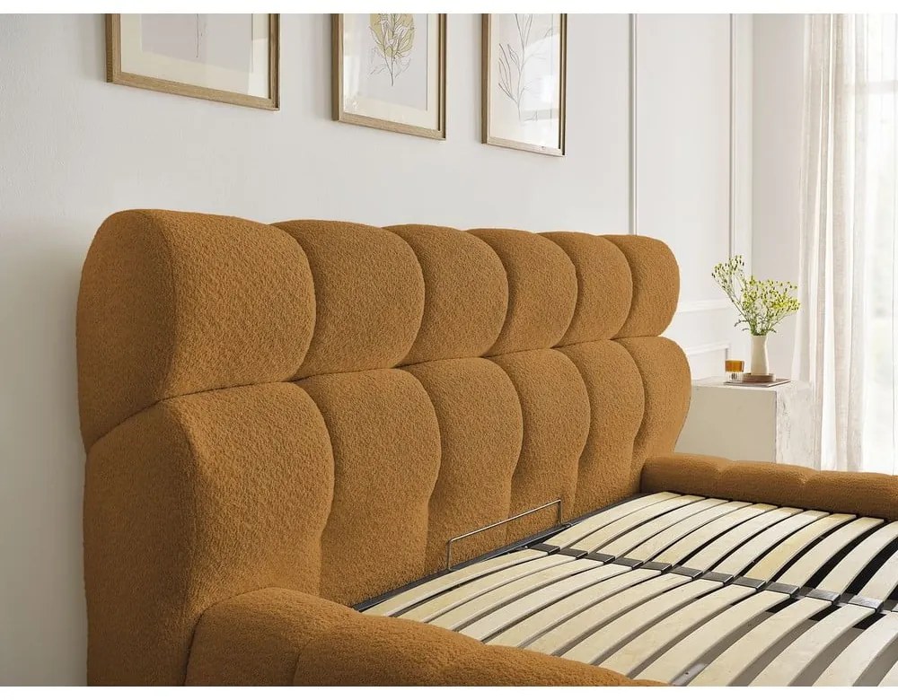 Čalúnená dvojlôžková posteľ s úložným priestorom s roštom 180x200 cm v horčicovej farbe Mont Blanc – Bobochic Paris