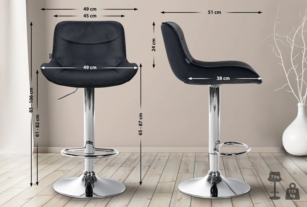 Design-Shop 2x Barová stolička Vonore - zamat, chróm rám - Čierna