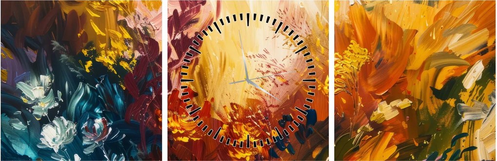 Obraz - Abstraktná maľba kvetov (s hodinami) (90x30 cm)