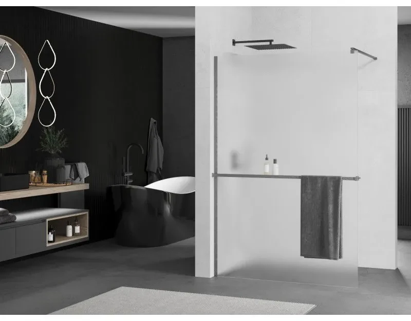 Mexen Kioto+, sprchová zástena Walk-In s poličkou a vešiakom 140 x 200 cm, 8mm sklo námraza, grafitový profil, 800-140-121-66-30