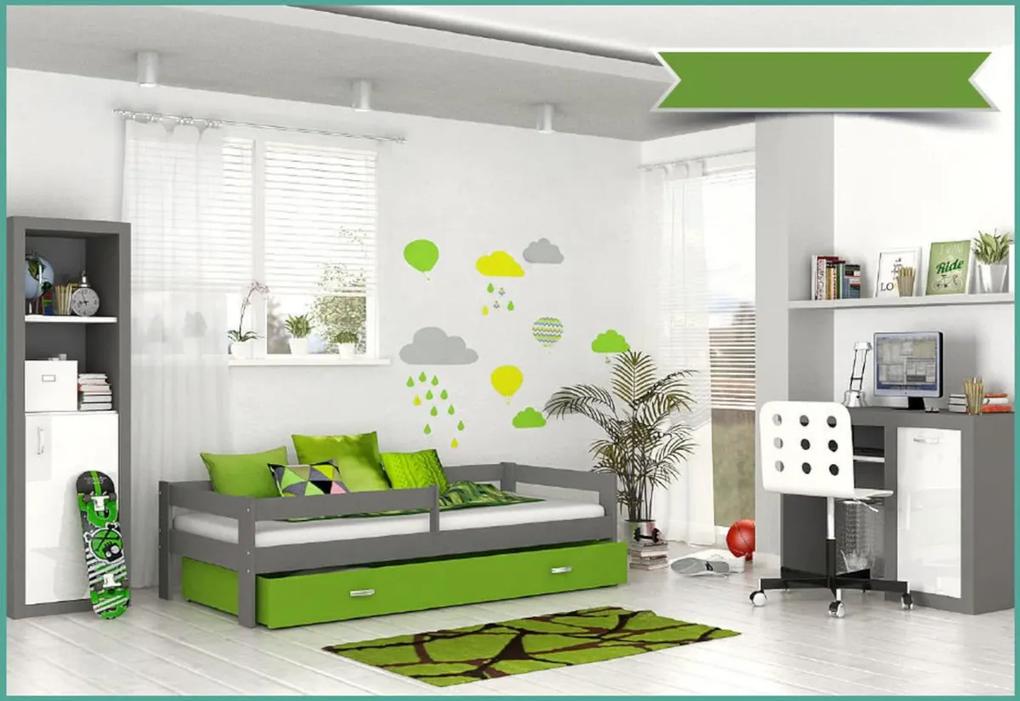Detská posteľ HUGO P1 COLOR s farebnou zásuvkou + matrac, 80x160, sivý/zelený