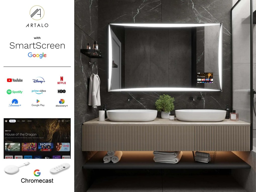 SMART Zrkadlo do kúpeľne s LED osvetlením M5 premium + SmartScreen with Google Chromecast