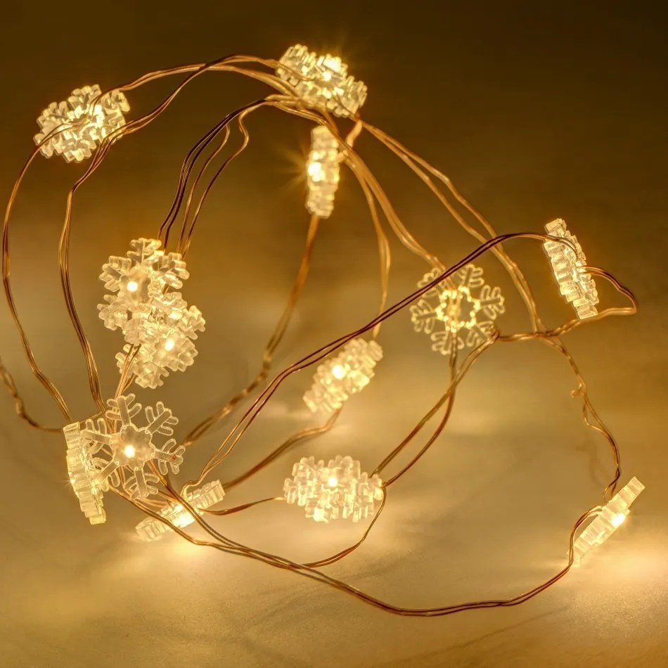 DECOLED LED svetelná reťaz snehová vločka na batérie, teplá biela, 20 LED diód, 2,3 m