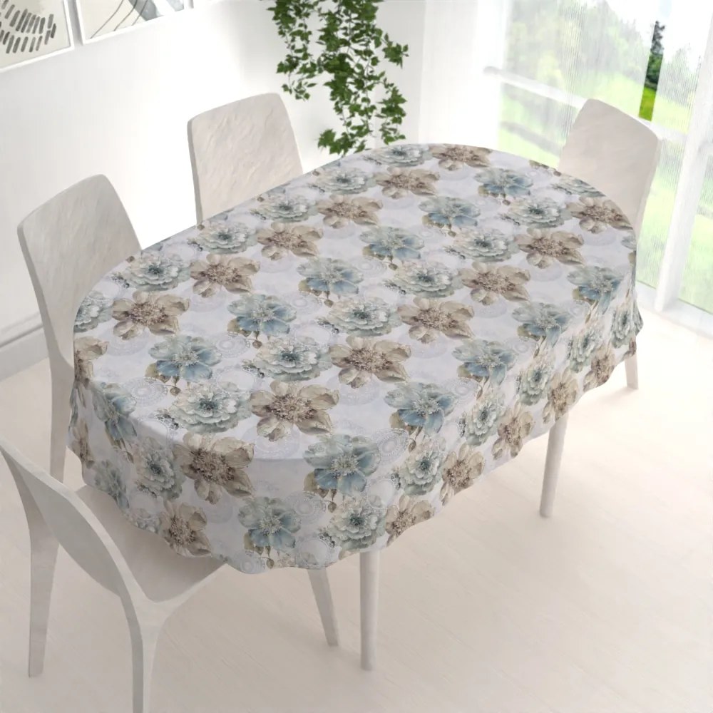Biante Dekoračný oválny obrus PML-052 Tyrkysové kvety s orientálnymi kruhmi 100x140 cm