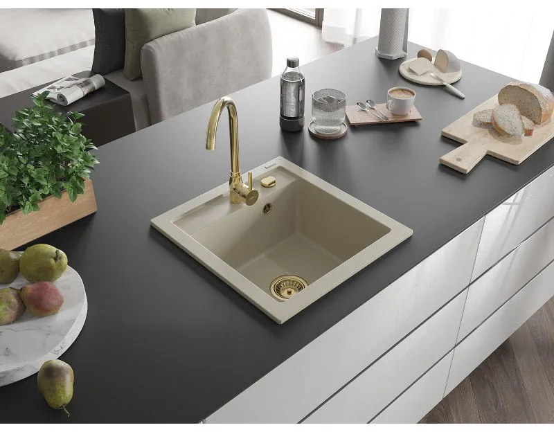 Mexen Vito, 1-komorový granitový drez 520x490x210 mm, zlatá batéria Telma, béžová, 6503-69-670200-50