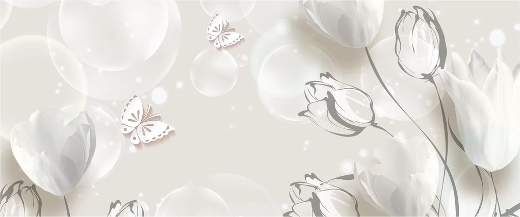 Obraz - Tulipány medzi bublinami (120x50 cm)