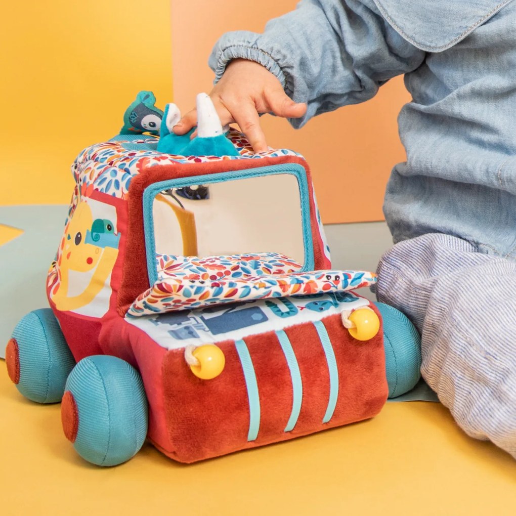 Lilliputiens - textilné autíčko s aktivitami a zrkadielkom
