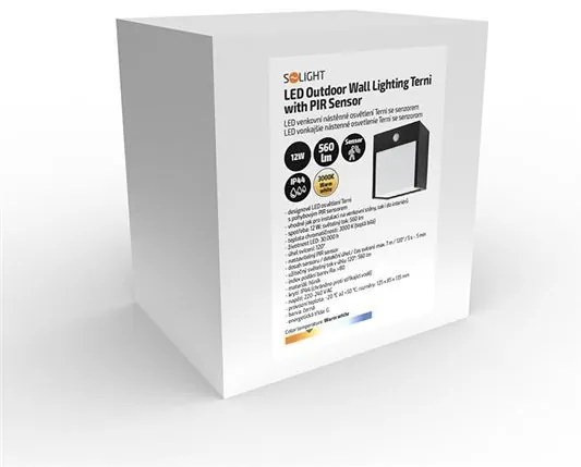 SOLIGHT LED vonkajšie nástenné svietidlo TERNI 12W | 3000K | 560lm | IP44 | PIR senzor, čierne