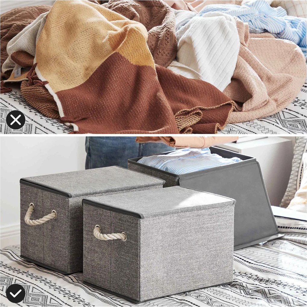 Úložné boxy s vekom, sada 3 ks, textilné, sivé