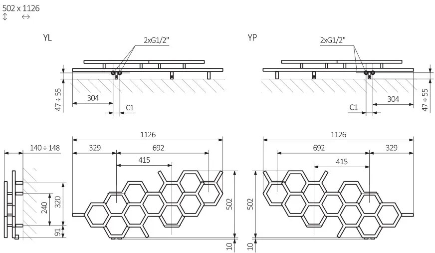 DK Terma Hex 502x1126 vodný radiátor RAL9005 Pololesk YL
