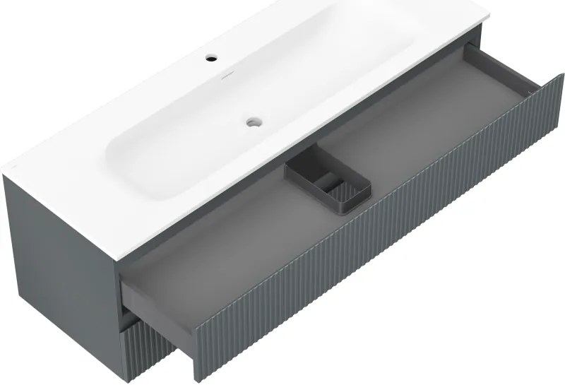 Mexen Rivel, kúpeľňová skrinka 140 cm s umývadlom Vela, 2 zásuvky, drážkovaná, grafitová matná/biela matná, 91A20-14047-2-BFF66-W23M