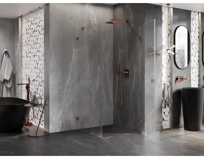 Mexen Lunar-B, pravostranný výklopný sprchový kút 90 x 90 cm, 8mm číre sklo, profil ružové zlato, 832-090-090-60-00-P
