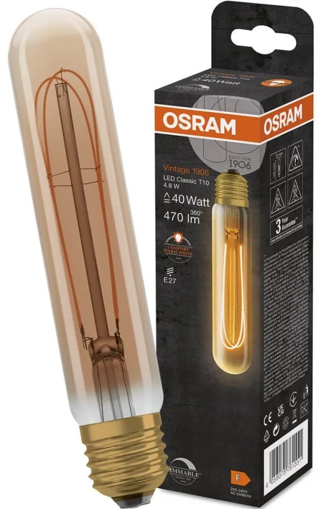 Dekoratívna LED žiarovka E27 TUBULAR 4,8W = 40W 470lm 2200K Warm 320° Filament Dimmable OSRAM Vintage 1906