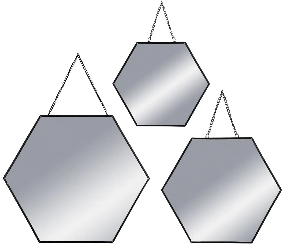 Závesné zrkadlo Hexagon, čierne, sada 3ks