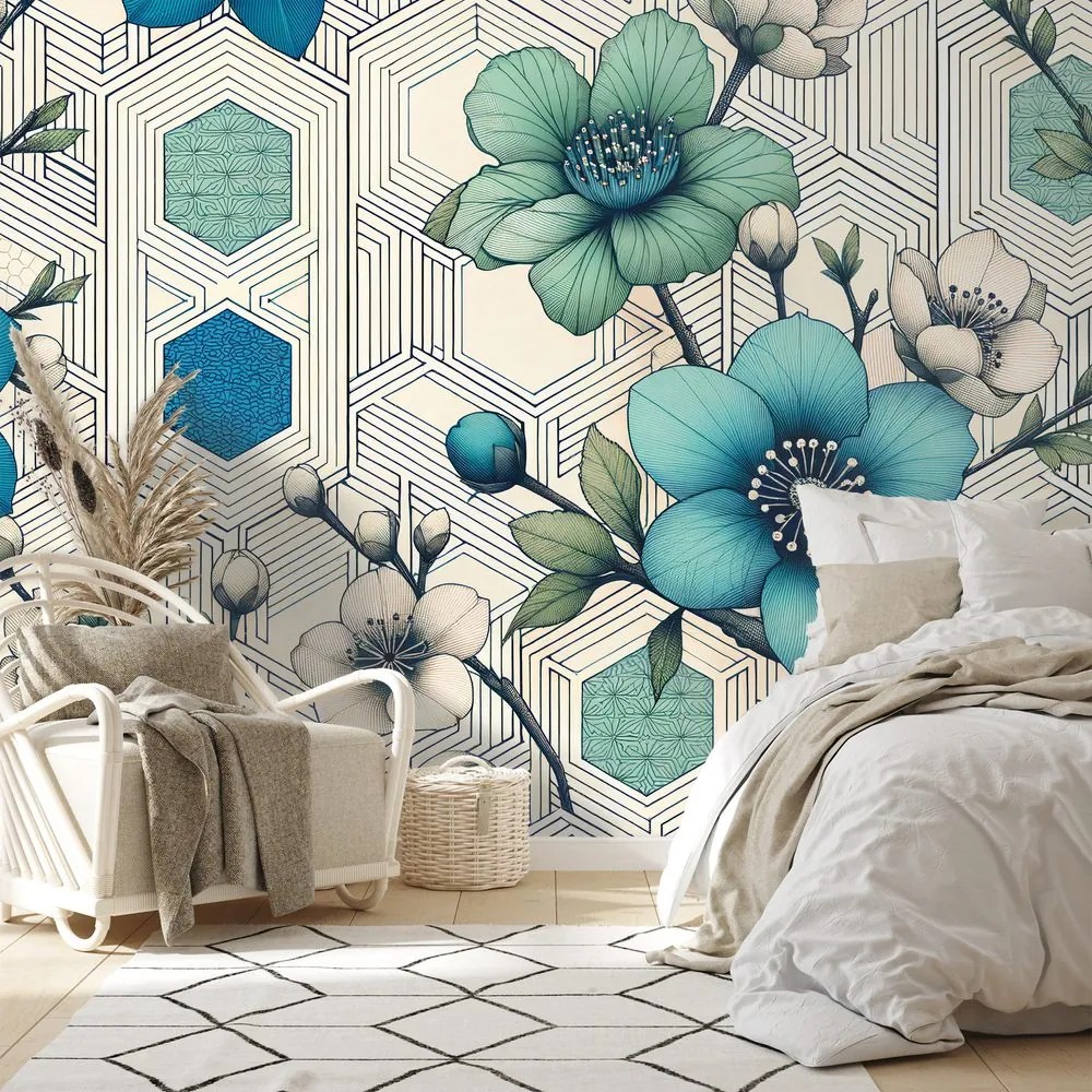 Tapeta modré kvety s geometrickým pozadím