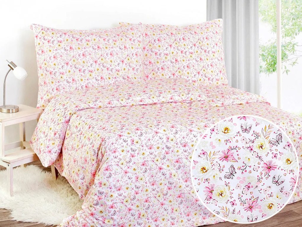 Škodák Bavlnené posteľné obliečky vzor B-752 Ružové kvety a motýle - Jednolôžko 140 x 200 cm