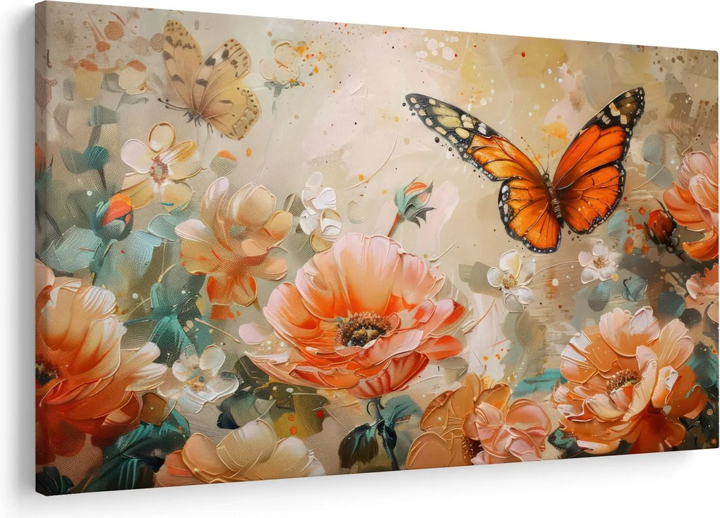 Obraz - Motýľ a kvety, olejomaľba (90x60 cm)