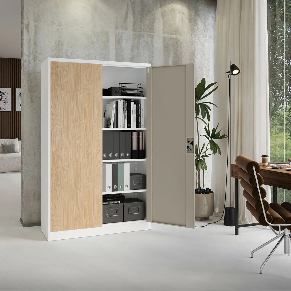 Kancelárska kovová skrinka na dokumenty JAN II, Eco Design: biela/dub sonoma