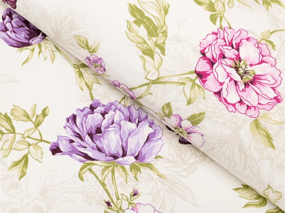 Biante Bavlnený okrúhly obrus Sandra SA-532 Fialové kvety s motýlikmi na svetlo krémovom Ø 70 cm