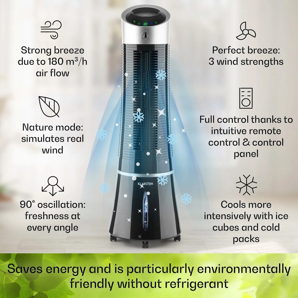 Klarstein Skyscraper Ice, 4 v 1 ochladzovač vzduchu, ventilátor, čistička vzduchu, zvlhčovač, 45 W, 210 m³/h, oscilácia, mobilný, diaľkové ovládanie