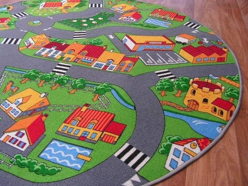 Detský guľatý koberec City sivo-zelený