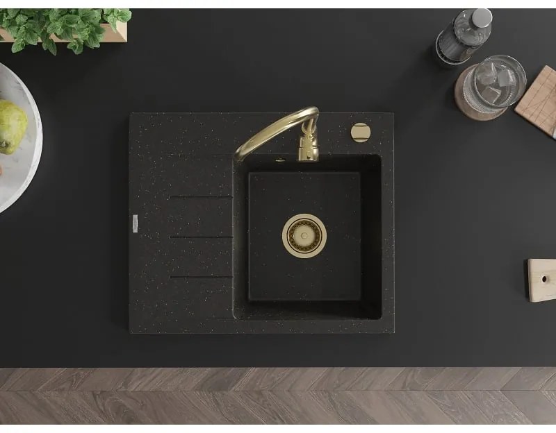 Mexen Ben, 1-komorový granitový drez 600x500x190 mm, pravý + zlatý sifón, čierna-zlatá metalíza, 6523605000-75-G