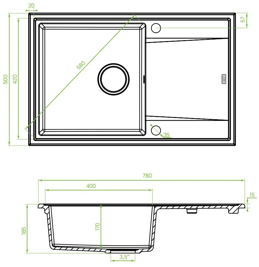 Laveo Megalo, 1-komorový granitový drez 780x500x185 mm + drezová batéria, čierna, LAV-SBEA711T