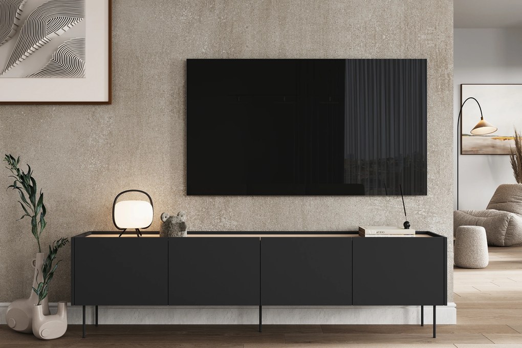 TV stolík Desin 220 cm s kovovými nohami - čierny mat / dub nagano