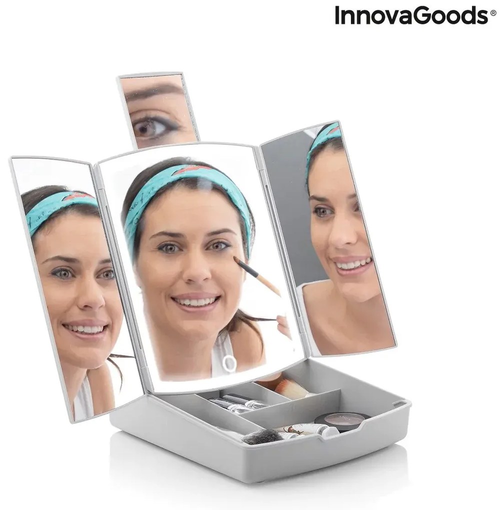 Skladacie zrkadlo s LED svetlom 3 v 1 s organizérom mejkapu Panomir - InnovaGoods