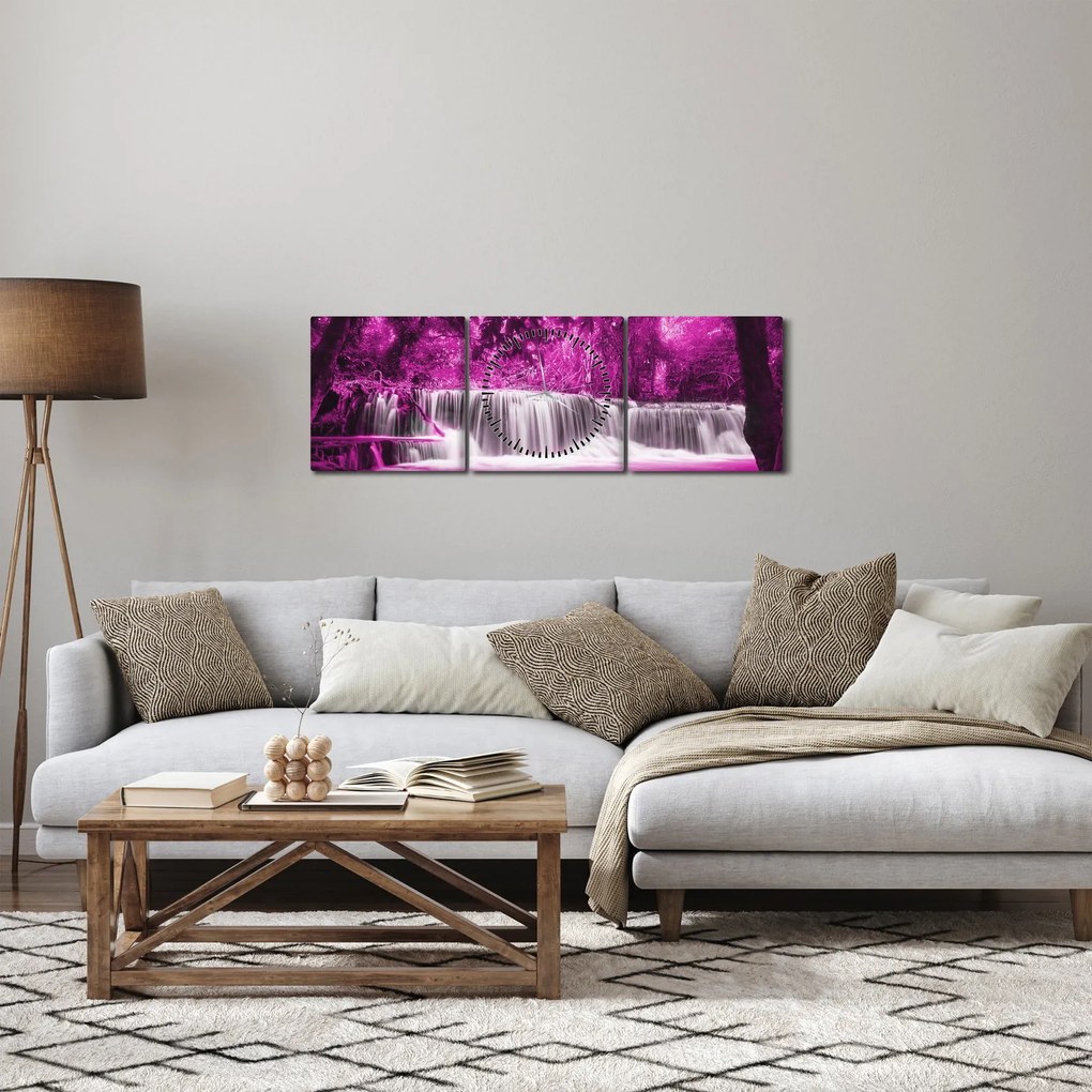 Obraz - fialový, vodopád (s hodinami) (90x30 cm)
