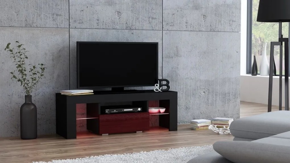 Mazzoni TV stolík MILANO lesklý 110 LED čierny, burgund zásuvka