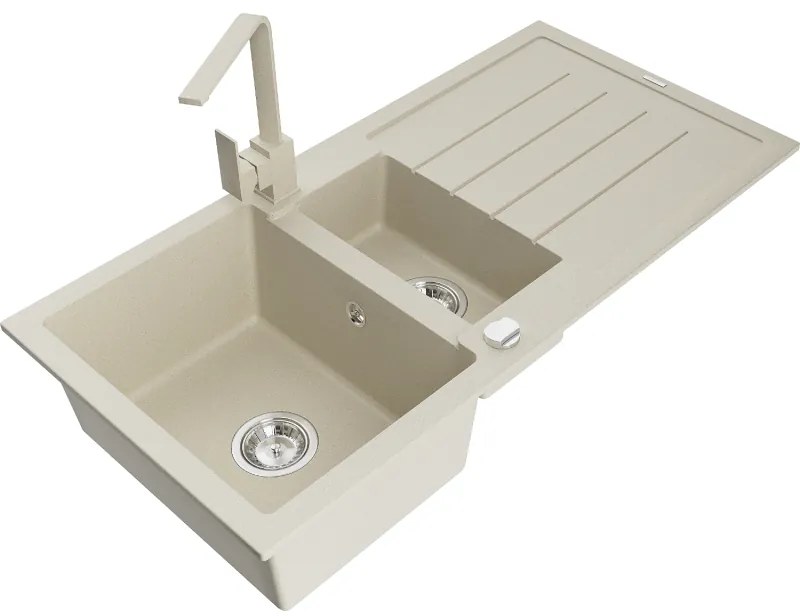 Mexen Andres, granitový drez 1000x500x200 mm, 1,5-komorový, béžová s chrómovým sifónom a béžová drezová batéria Rita, 6515-69-670300-69