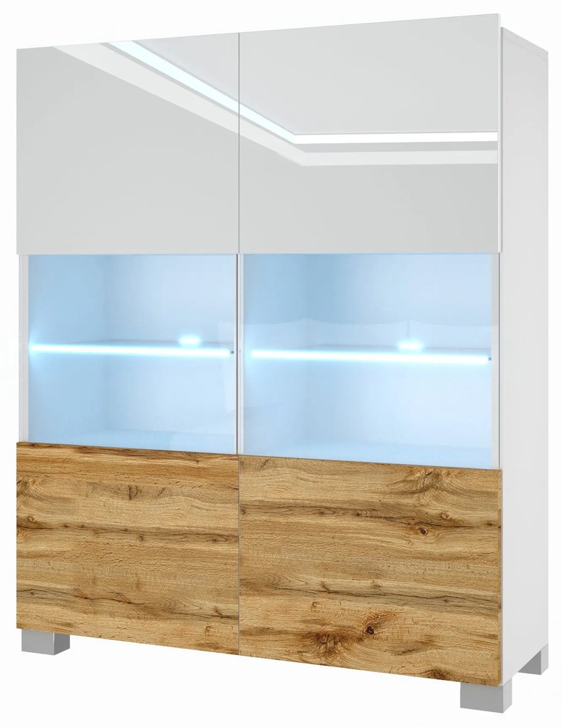 Komoda Belini Premium Full Version biely lesk / dub wotan + LED osvetlenie Nexum 5